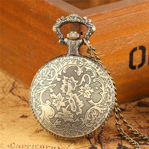 Steampunk Retro Bronze Hollow Tree of Life Quartz Pocket Watch with Fob Chain Women Watch Pendant Necklace Chain Men Gift