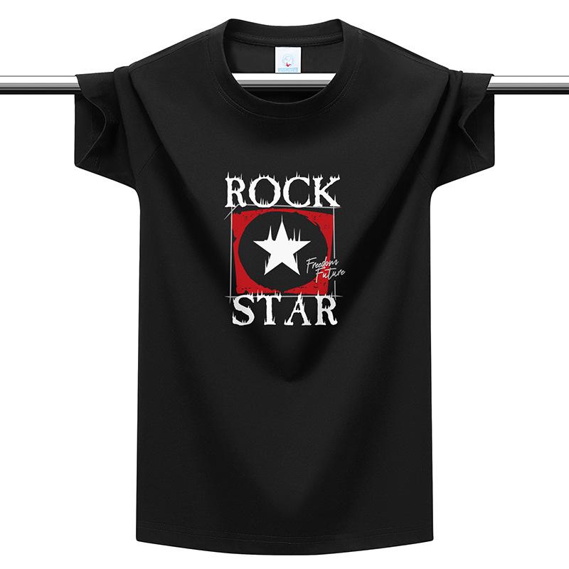 

220g Heavyweight Cotton Men s T-Shirt Rock Star Print Plus Size Multi-color Casual Round Neck Tee M чёрный