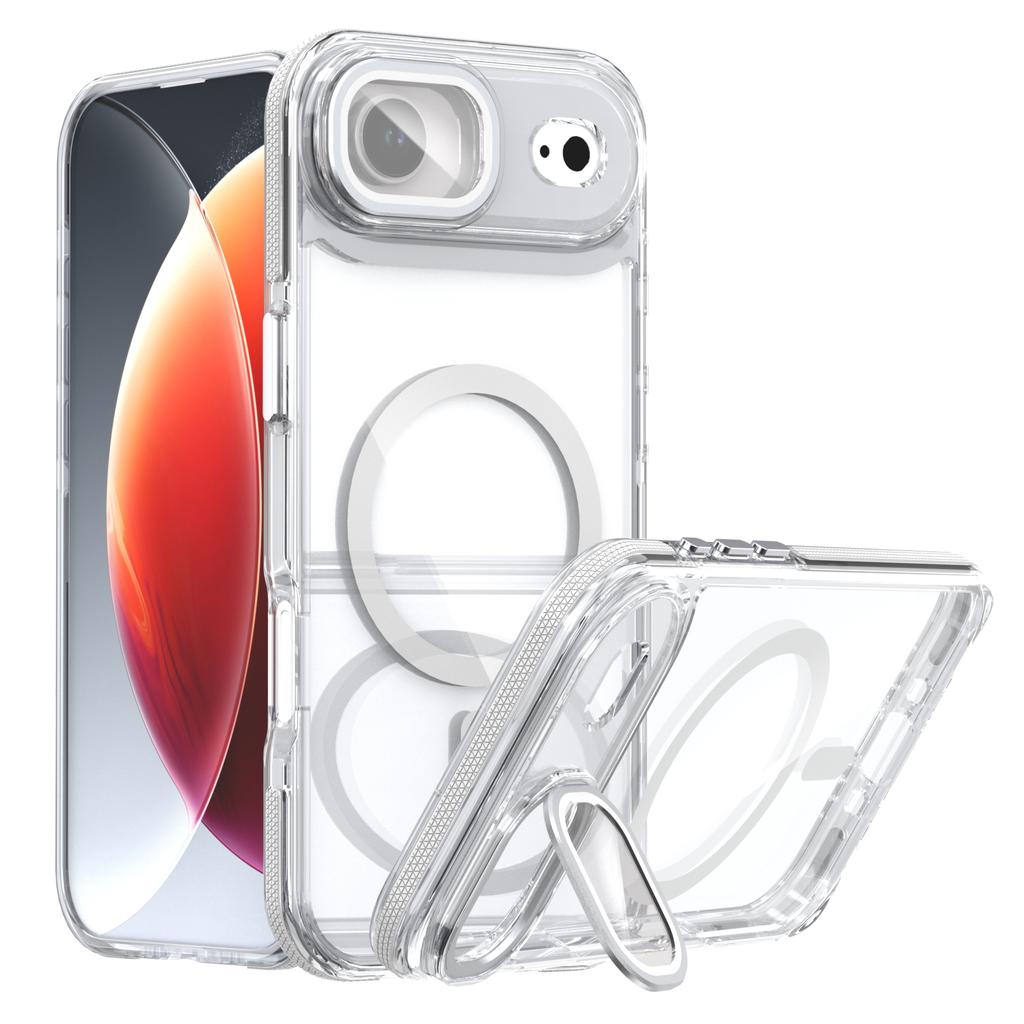 For iPhone Air Magnetic Case TPU Acrylic Clear Phone Back Cover with Lens Protector Kickstand