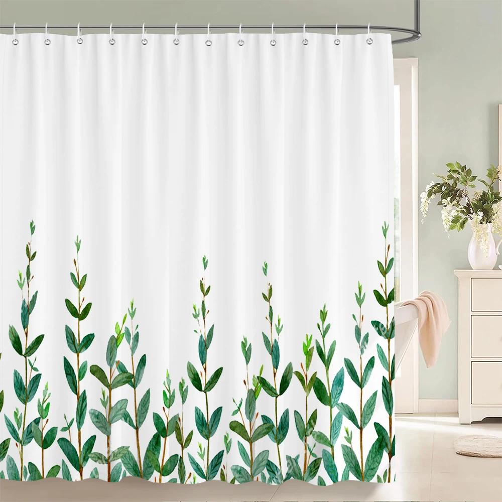 3D Fresh Green Plants Leaf Print Nordic Style Shower Curtain Set Hook Natural Flower Leaves Home Decoration Bathroom Curtains