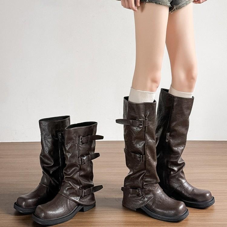 

Leather version! Maillard mid-tube Martin boots women s retro British inner height-increasing thick heel pleated stacked pants tube short boots 40 чёрный