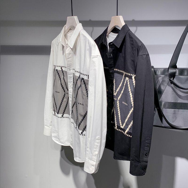New Spring and Autumn Fashion Retro Geometric Pattern Contrast Panel Loose Casual Versatile Oversize Men's Shirt Trend