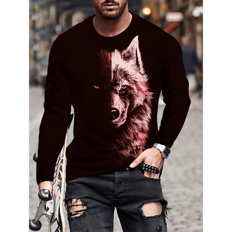 Animal Print Men's Long Sleeve T-shirt Spring And Autumn Men's Daily Casual Top 3D Wolf Print Men's Fashion Long Sleeve T-shirt