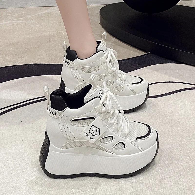 Fashion 10cm Spring Chunky Sneakers Women Lace-up Platform Sports Dad Shoes Woman Goth Thick Bottom High Heels Female Wedges Sneakers