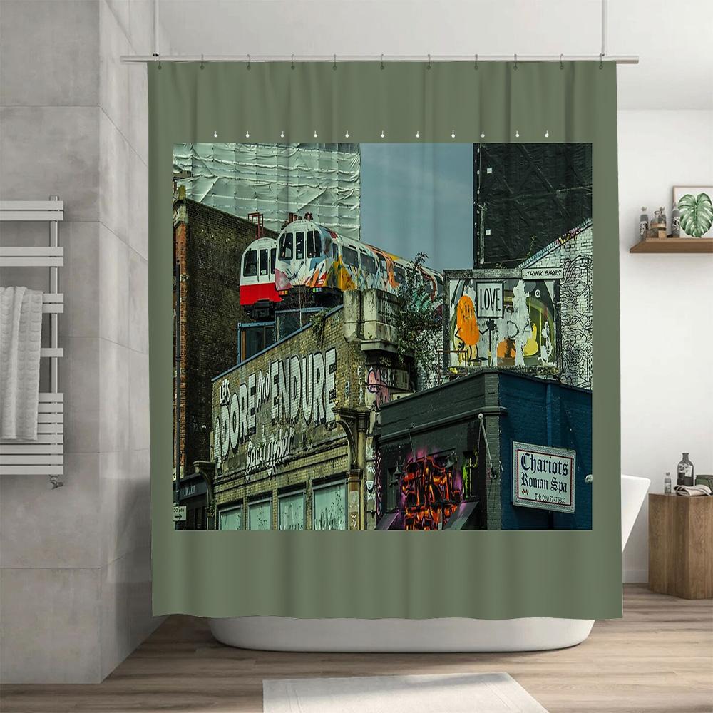 Vintage Graffiti Shower Curtain Urban Art Cityscape Backdrop Bathroom Decor Wall Hanging Wall Art Modern Aesthetic Home Decor