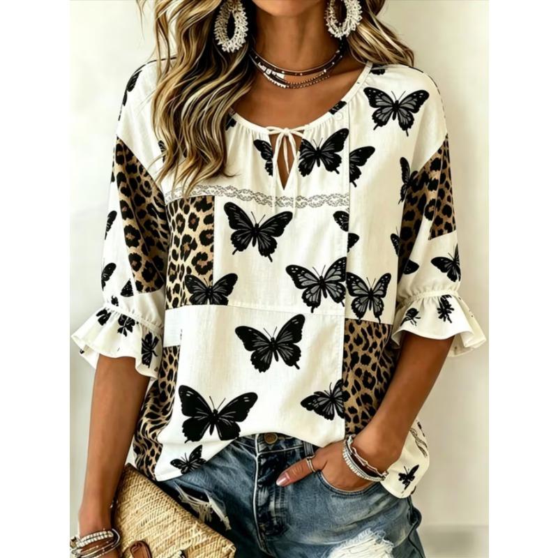 Women's Elegant Printed Lace-up Flared Top, Stylish and Versatile, Comfortable and Skin-friendly