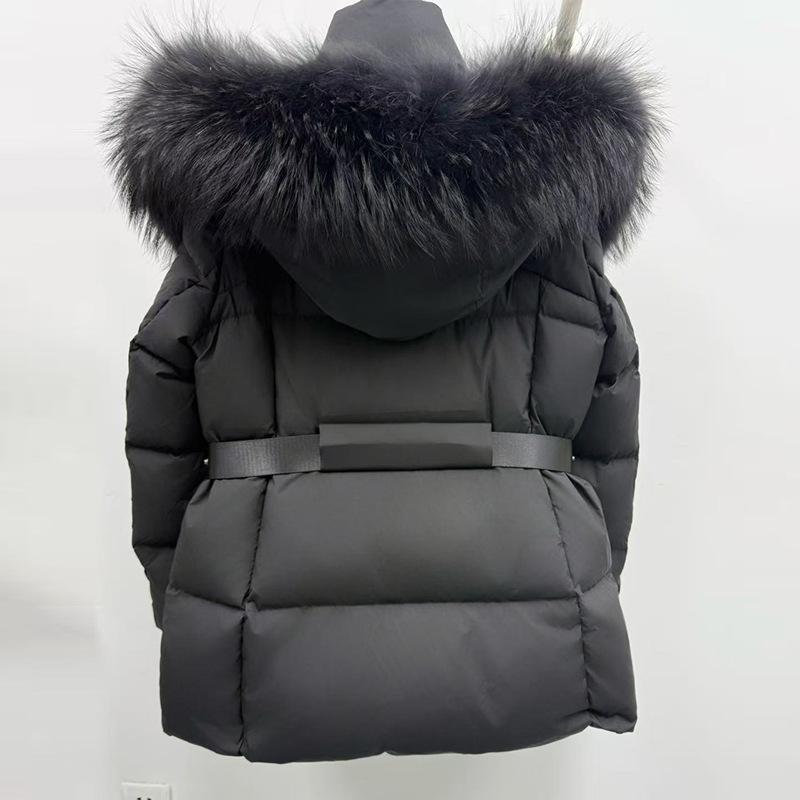 Winter New European Fox Big Fur Collar White Goose Down Jacket Women's Short Hooded Waist Thickened Coat