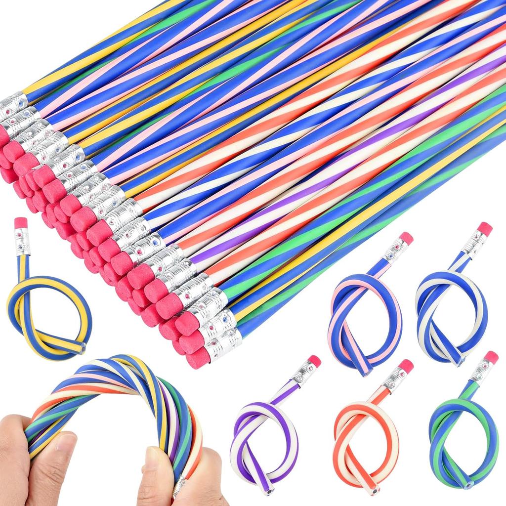 24 Pieces Soft Flexible Bendy Pencils with Erasers for School Stationary Equipment for Birthday Party Favours Fillers Back To School Funny Supplies
