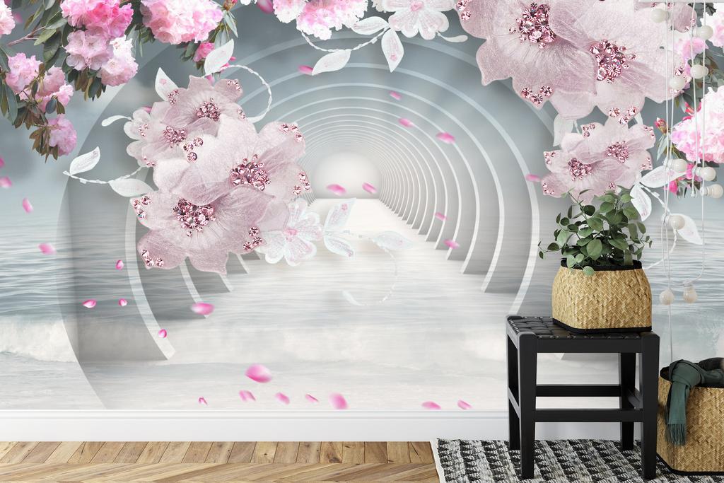 Photomural 3D Wallpaper Pink Jewelry Flowers Self-Adhesive Mural 368x280