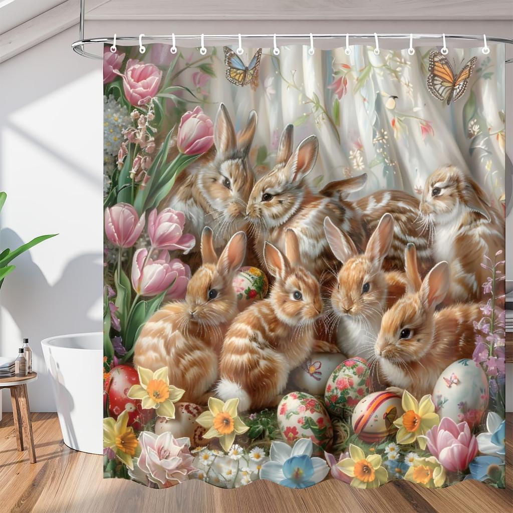 Pardick Shower Curtain, Easter Bunny Egg Flower Waterproof Shower Curtain Set with 12 Hooks, Polyester Fabric Shower Curtains fo