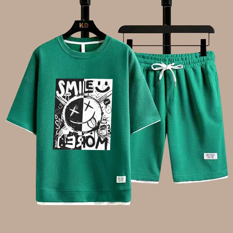 Waffle Mens Set Summer T-Shirt Shorts Tracksuit Mens Streetwear Short Sleeve 2 Pieces Set Casual Men Sports Suit Clothing