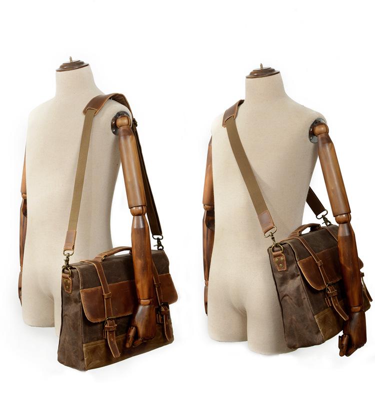 Men's Retro Waterproof Cowhide & Waxed Canvas Briefcase - European & American Shoulder Crossbody Bag