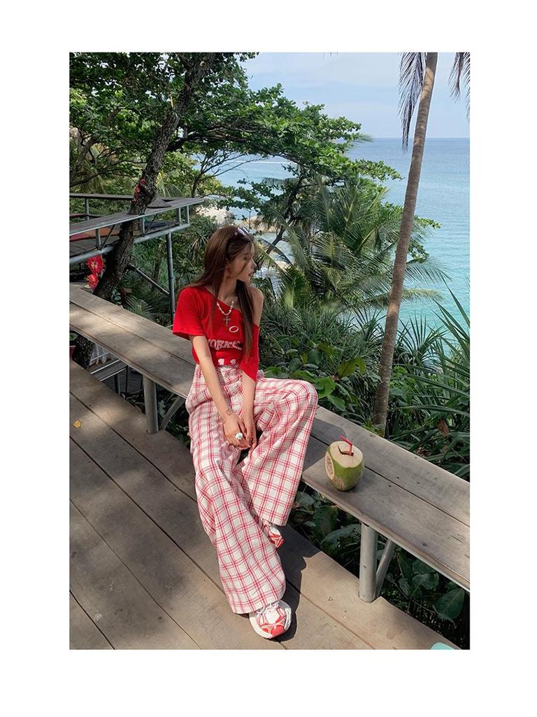 Women's Spring Plaid High-Waist Wide-Leg Pants - Casual, Loose, Floor-Length