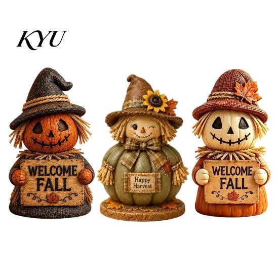 Distressed Wood Harvest Figurines 3 Pcs Fall Wooden Scarecrow Figurines, Farmhouse Rustic Statue with Maple Seasonal Holiday Party Supplies