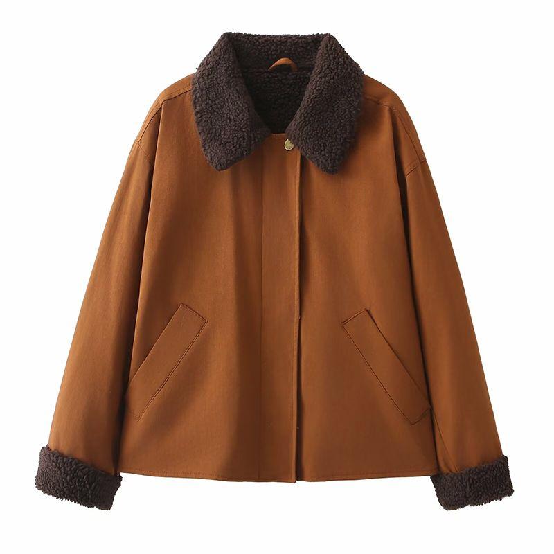

Late Autumn and Early Winter Maillard American retro Style Fashion Simple Lamb Wool Lining Lapel Long sleeve Jacket Maillard Brown lapel L