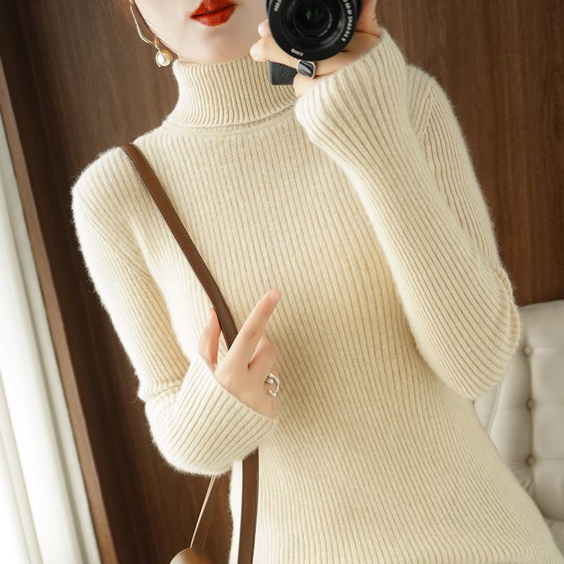 Damen Pullover mit hohem Kragen aus Wollstrick: Schmale Passform, Langarm, Verdickte Basisschicht, Perfekt für Herbst und Winter 2023.