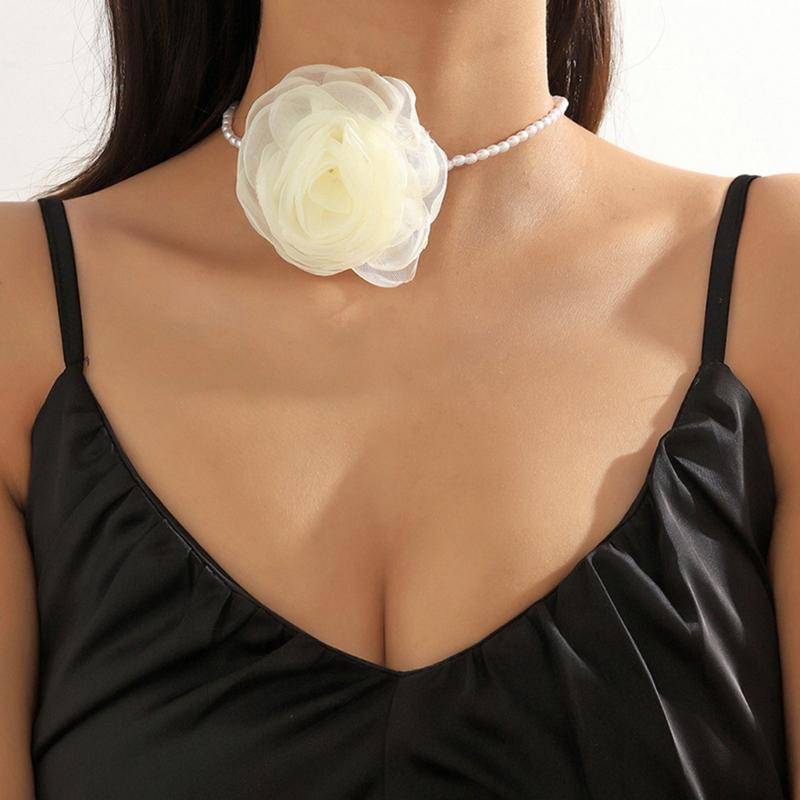 Simple Gauze Flowers Neckband Choker Necklace Jewelry Temperament Pearl Neck Chain Women Clavicle Chain Necklace