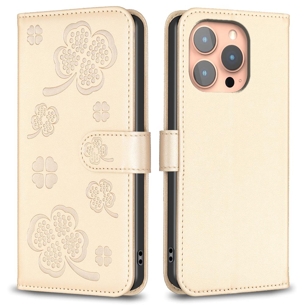 For iPhone 16 Pro Case Lucky Clover Pattern Leather Phone Cover