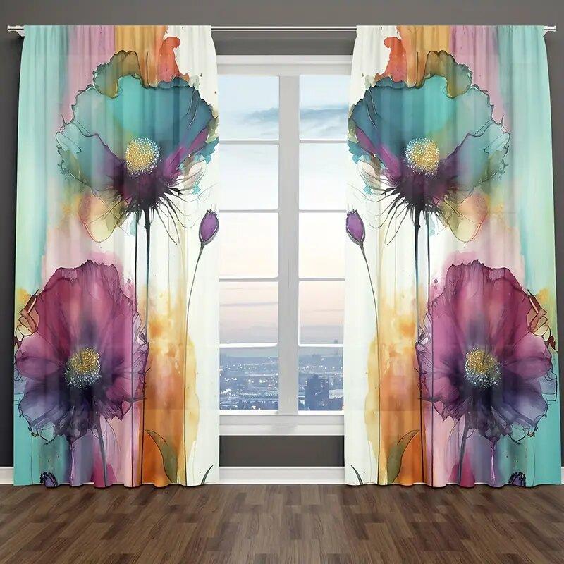 Set Of 2 Retro Colorful Floral Pattern Printed Curtains Window Decorations Home Room Made Polyester
