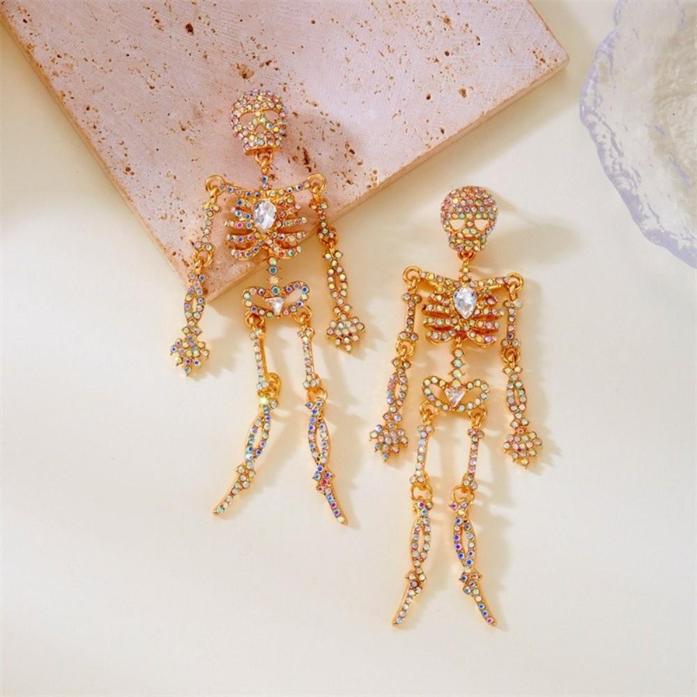 Full Rhinestone Halloween Skeleton Earring Exaggerated Punk Gift Women's Earrings Festival Party Jewelry Skull Dangle Earrings