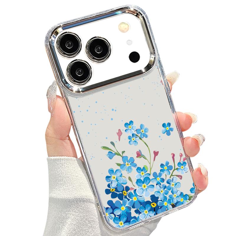 Blue Purple Flower Pattern Case For iPhone 17 Pro Max Plating Lens Frame Clear Soft Cover For iPhone 16 15 14 13 Pro Max 11 16E 17E