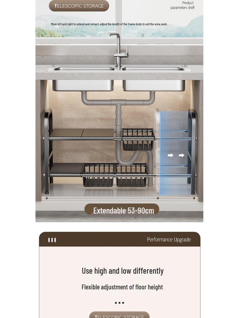 Organisateur rétractable sous l'évier: Étagère à ustensiles de cuisine et panier de rangement multicouches