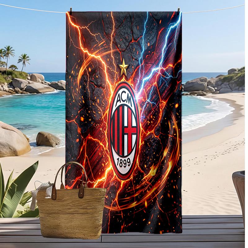 מגבת חוף מודפסת AC Milan, מגבת רכה מתייבשת במהירות, שמיכת חוף מלבנית גדולה ניידת לנסיעות, בריכה