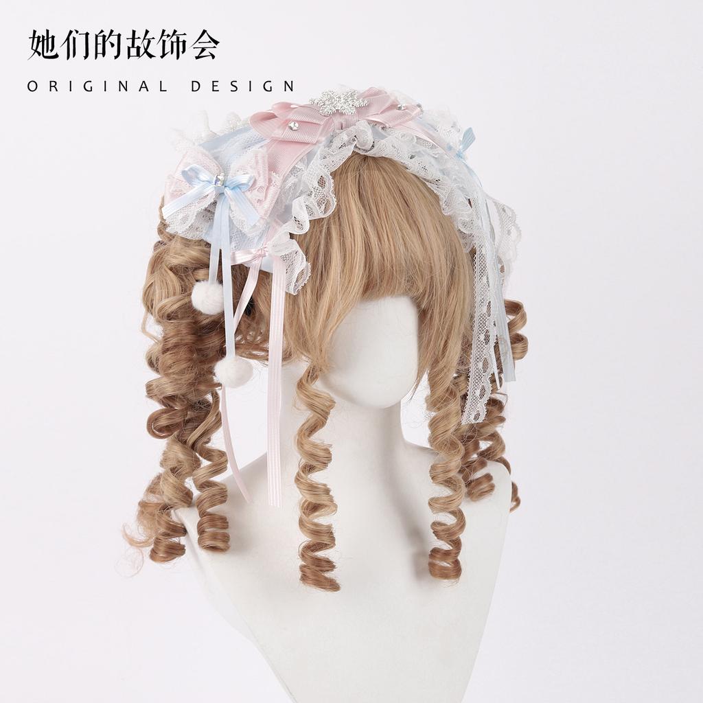 Crown Top Hat Veil Kc Headband Bow Hairpin Christmas Pink and Blue Handmade Small Things Lolita Hair Accessories