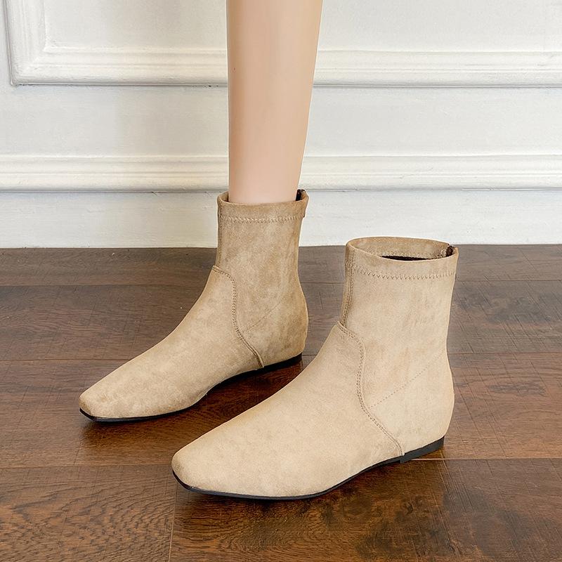 2025 Autumn and Winter New Square Head Short Boots Women's Shoes Versatile Flat Bottom Thin Boots Suede Flat Heel Martin Boots Single Boots