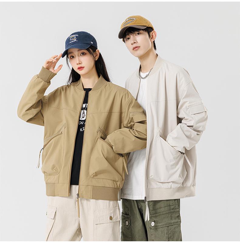 2025 Japanese Trendy Men's Retro Loose Stand Collar Bomber Jacket - Spring Casual Drop Shoulder Workwear Style.