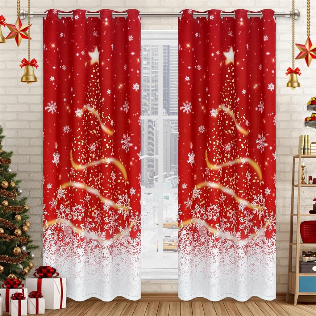 Christmas Red Curtains Santa Claus Snowman Print Window Drapes 2 Panels Living Room Bedroom Kids Sun Block Decor