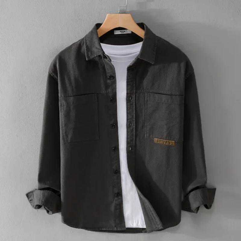 

Американский ретро-стиль, рабочая одежда на весну/осень, повседневная мужская одежда, рубашка из чистого хлопка с лацканами, застегивающаяся на пуговицы, однотонная рубашка с длинным рукавом и карманами 3XL темно-серого