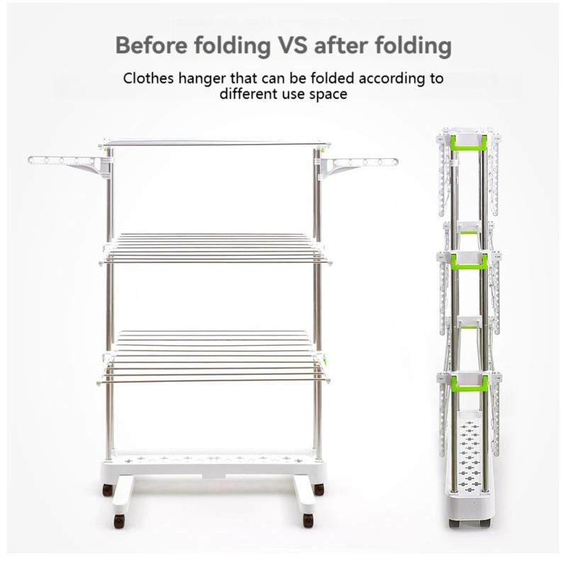 Portable Wing-Type Storage Airer Floor-standing Three-tier Stainless Steel Clothes Hanger Foldable Clothes Drying Rack