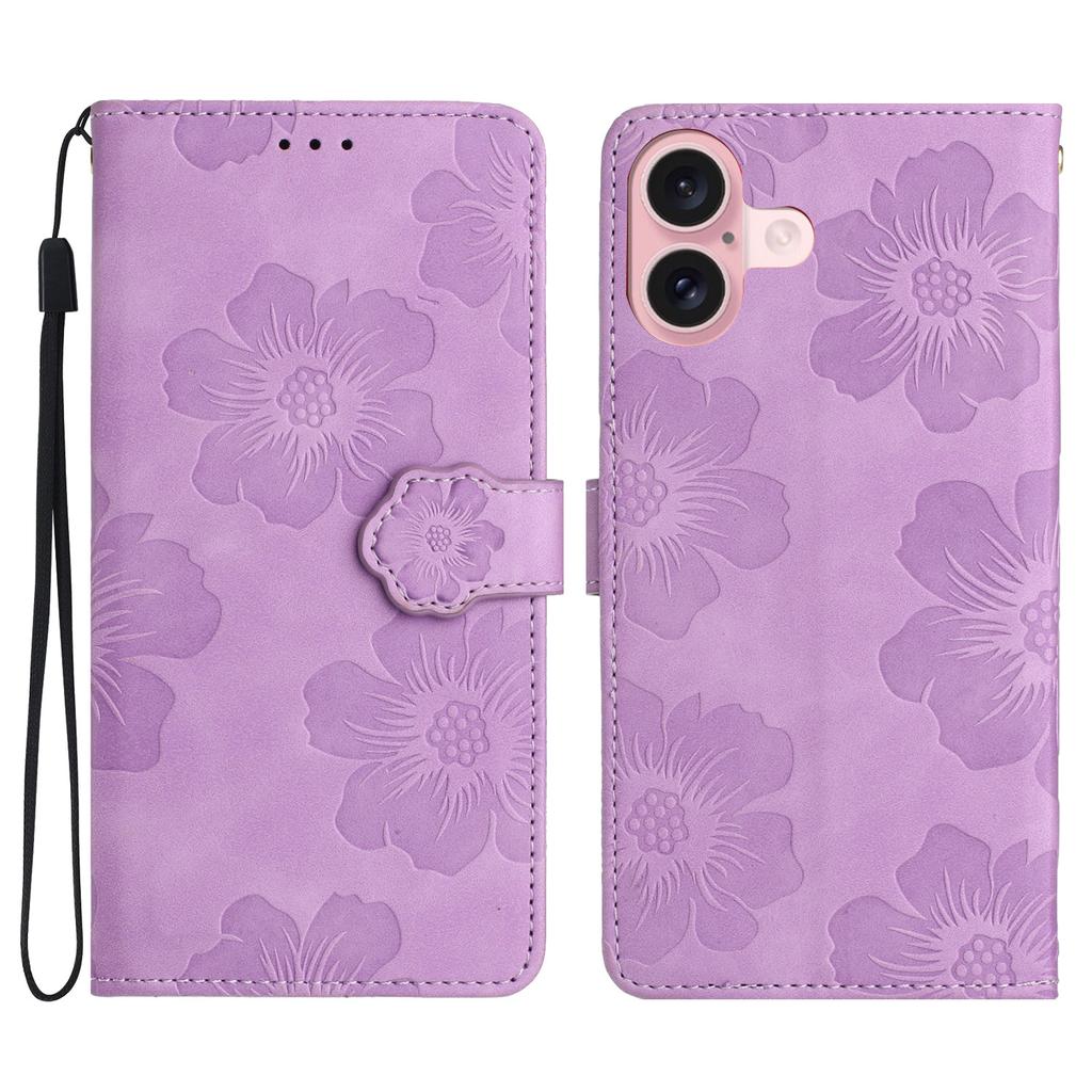 For iPhone 17 Case Flower Design Leather Wallet Phone Cover with Wrist Strap