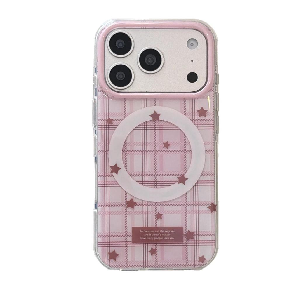 Korean-Style Pink Plaid Star Phone Case for iPhone 16/15/14/17 Pro Max 