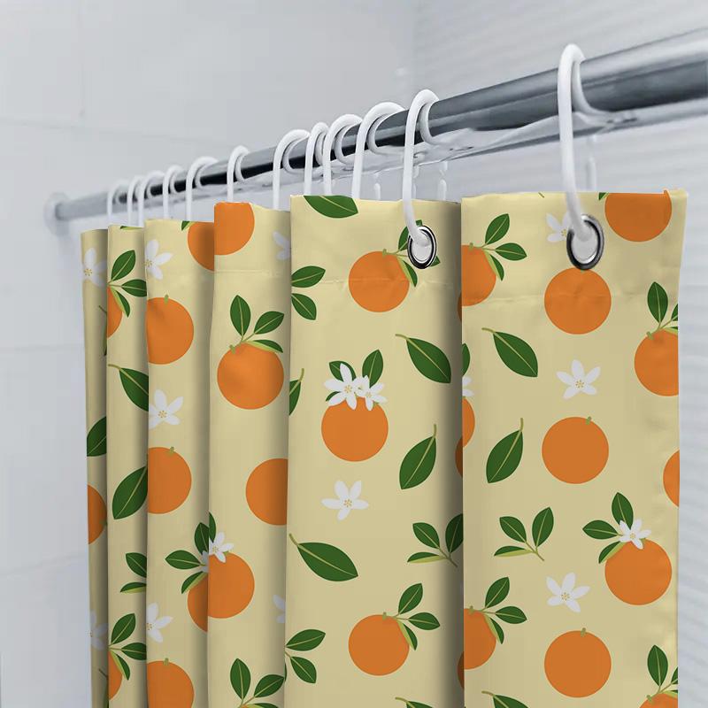 Orange Shower Curtain With Lemon Print, Green Leaves White Flowers Bath Decor For Bathroom Polyester Fabric Shampoo Caddy Bag Wi