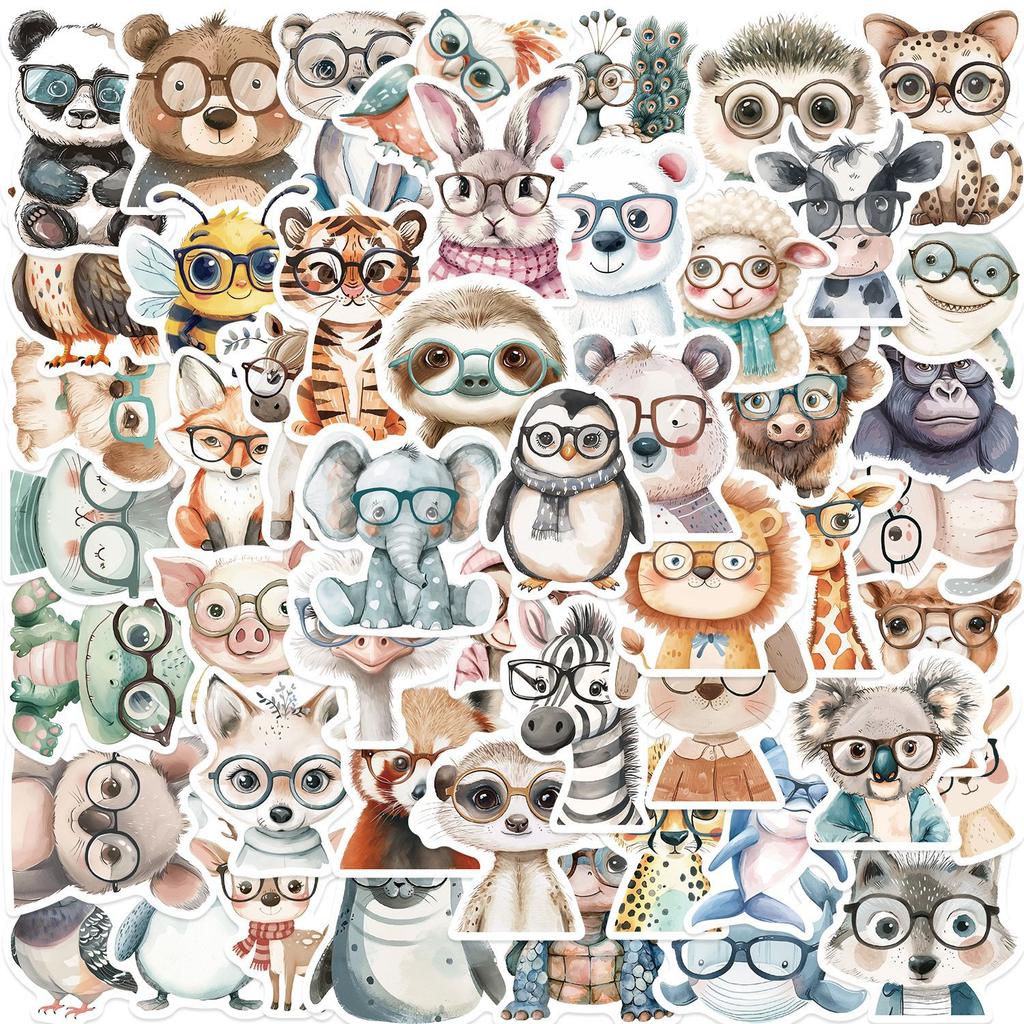 50 Cartoon Animals Wearing Glasses Doodle Stickers Trolley Box Diary Waterproof Stickers