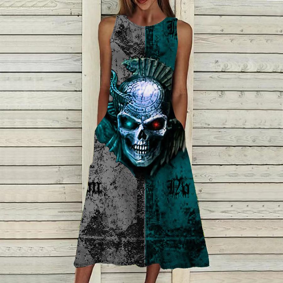 Moda de vară Rochie sexy fără mâneci Moale Casual Rochie cu imprimeu schelet întunecat Rochie fără mâneci Rochie cu bretele de vară