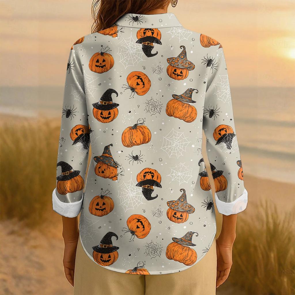 Dame Retro Halloween Trykket Knappelukking Langermet Casual Vanlig Skjortekrage Topp