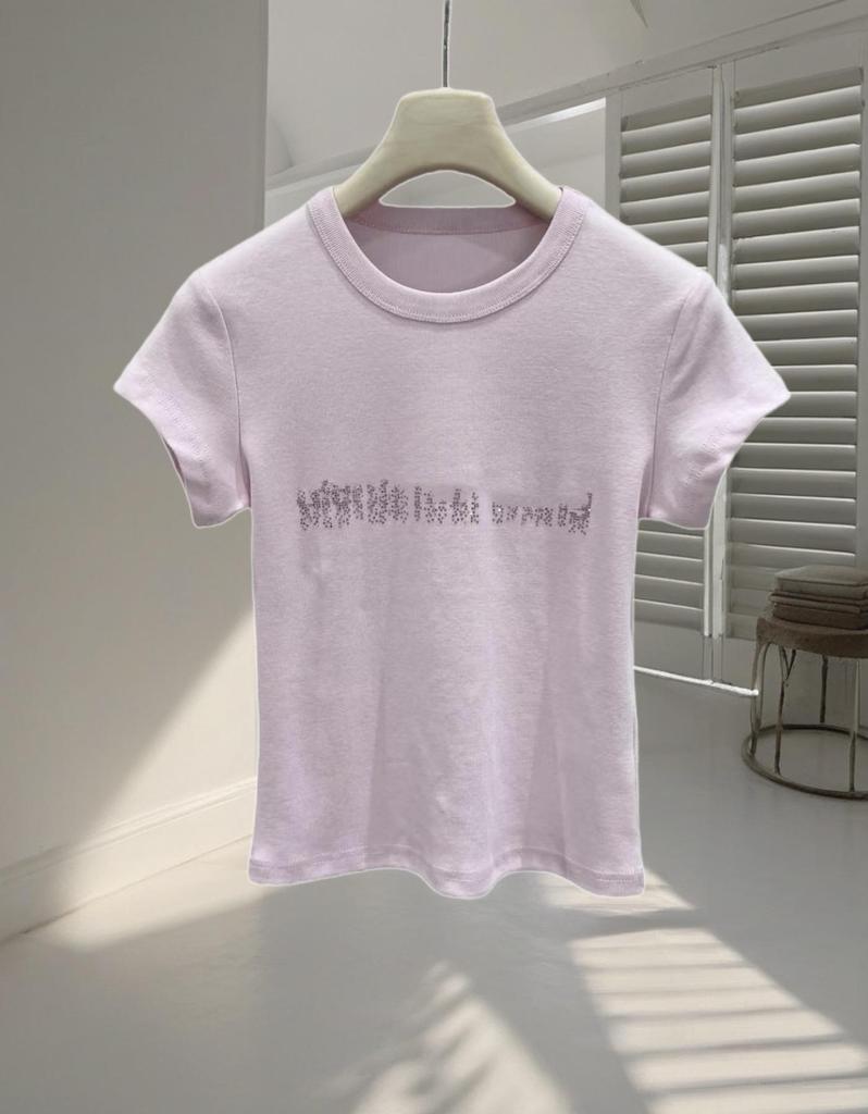 Women's Pink Rhinestone Letter Slim-Fit Round Neck Short Sleeve T-Shirt - Early Spring 2026 Arrival
