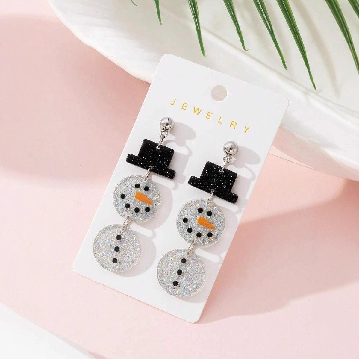 Cross-border explosion Sweet and cute cartoon snowman earrings Flat acrylic European and American fashion splicing snowman earrings