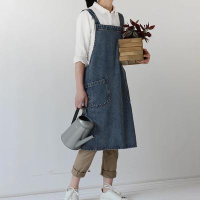 Damen Koreanische Jeansschürze für Frauen Baumwollstoff Garten Küche Backen Kochen Schürzen Haushaltsreinigung Zubehör Kleid