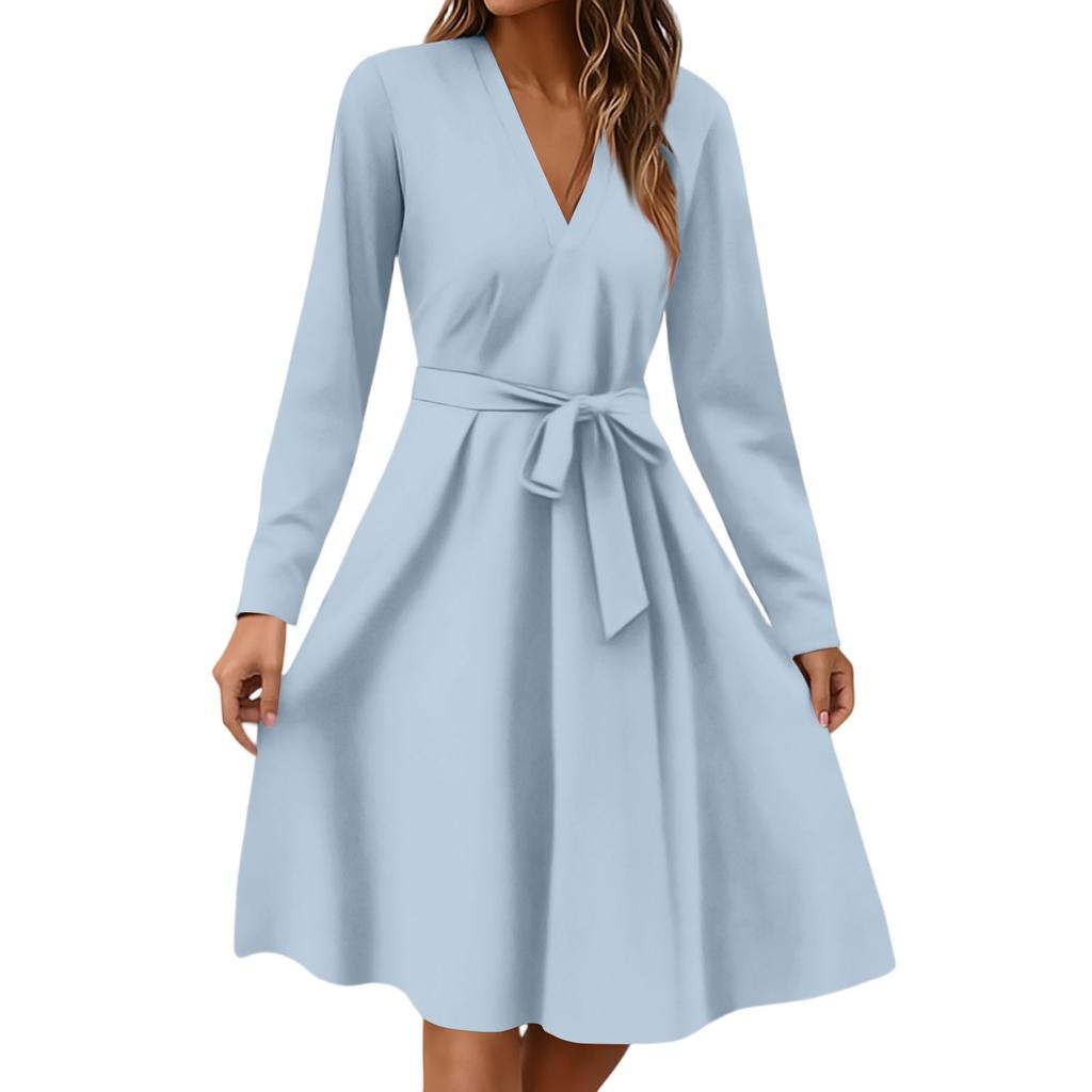 Women's Fashion Casual V-Neck Long Sleeve Waist Floral Print Midi Dress