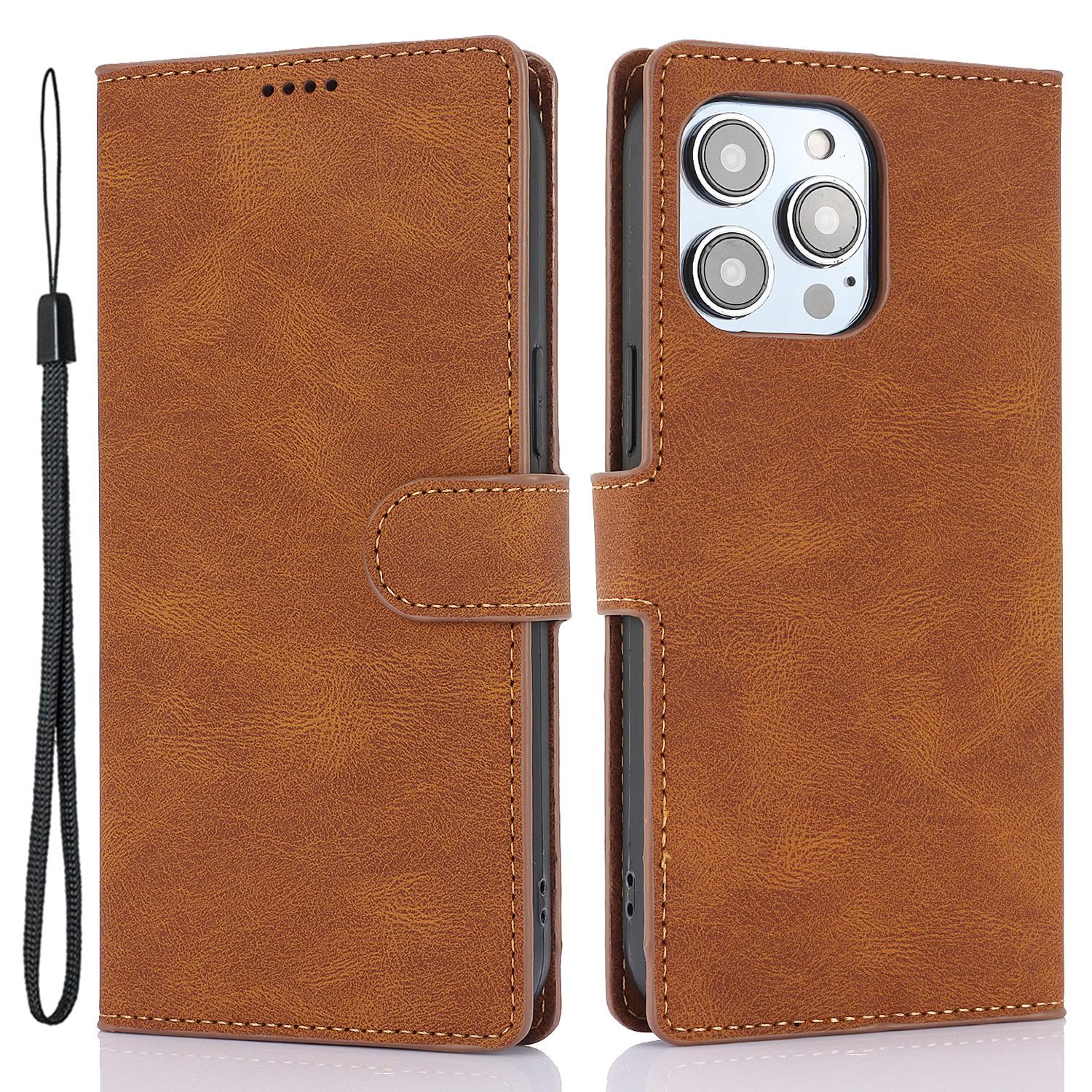 

For iPhone 16 Plus Case PU Leather Wallet Phone Cover with Hand Strap Brown