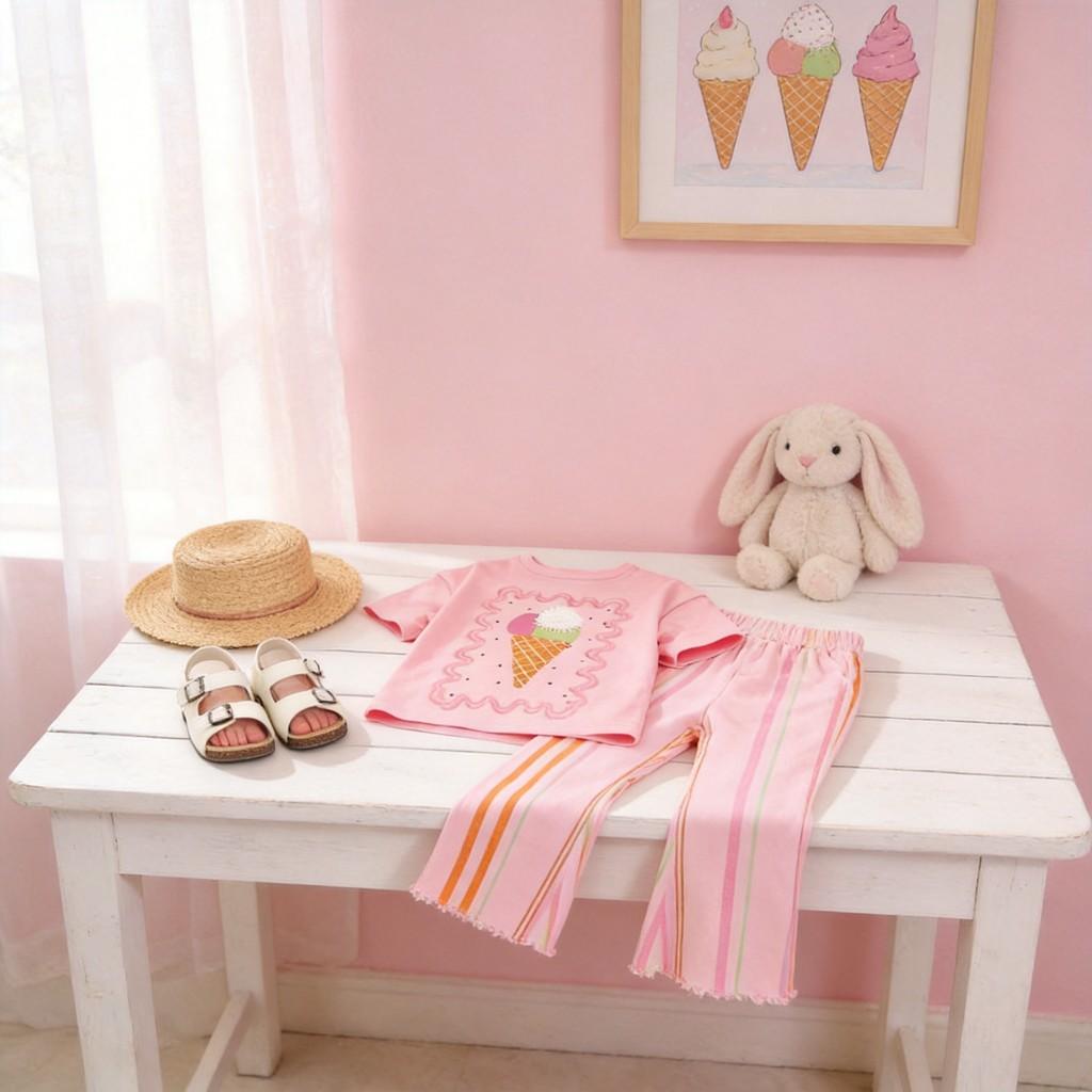 Girl Summer Cotton T Shirt And Shorts Set With Elastic Waist For Casual Wear