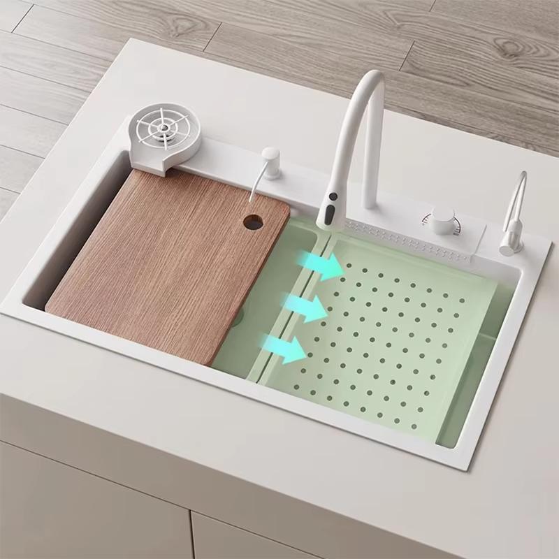 Kitchen Sink Nano Multifunction White Waterfall Faucet Large Single Bowl Wash Basin Cup Washer Pure Tap Soap Dispenser SUS304