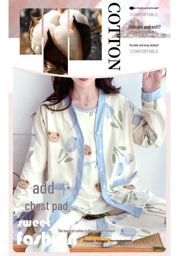 Spring & Autumn Maternity Pajama Set: Breathable Three-Piece for Delivery & Breastfeeding with Absorbent Breast Pads