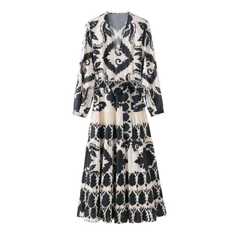 Foreign Trade Beautiful European and American Summer Fashion Elegant Style V-neck Print Pullover Midi Dress With Belt Dress Women 6557