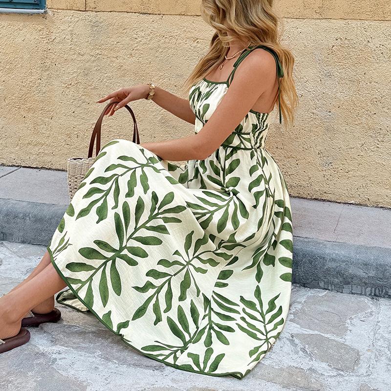 

Summer new fresh seaside vacation style suspender skirt waist green leaf print dress S зелёный