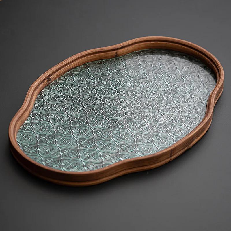 Japanese-style Wood Tray Retro Glass Tray Cake Candy Kung Fu Tea Jewelry Decor Tray Dessert Storage Dish Home Decor Posing Prop